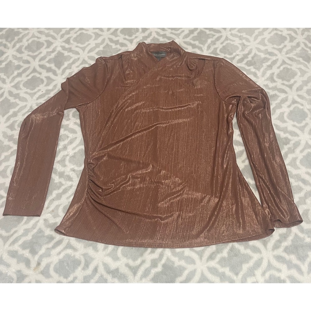 Bold Elements Bronze Metallic Mock Neck Ruched Long Sleeve Top Large NWT